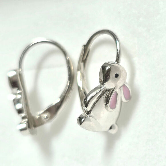 Sterling Silver 925 Easter Bunny Leverback Earrings Pink Enamel Ears Rabbit - Picture 4 of 11